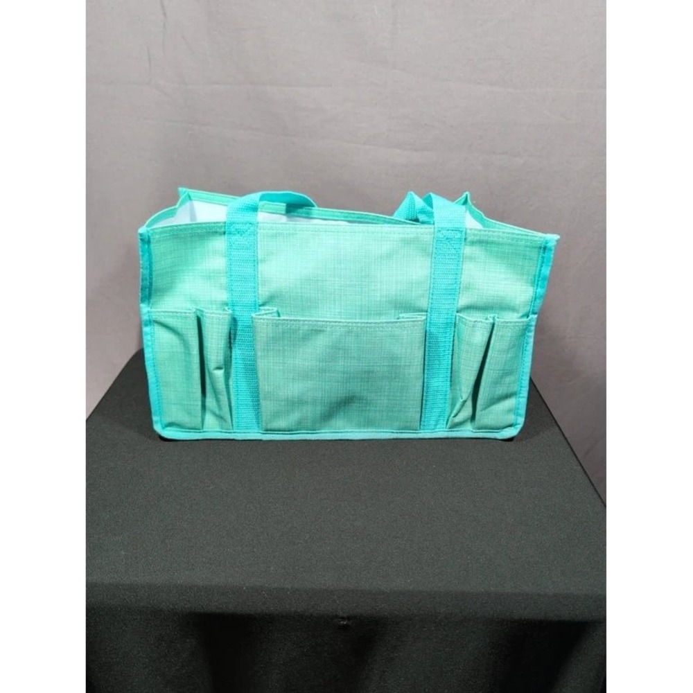 Thirty One Turquoise Crosshatch Utility Tote Bag Multi Pocket Craft Organizer